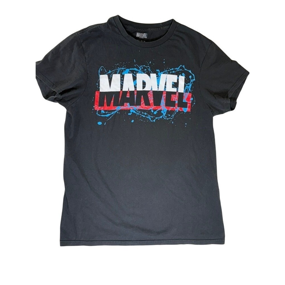 Marvel Comics Boys Graphic T-Shirt Black Blue Red Splatter Logo MD Mad Engine
